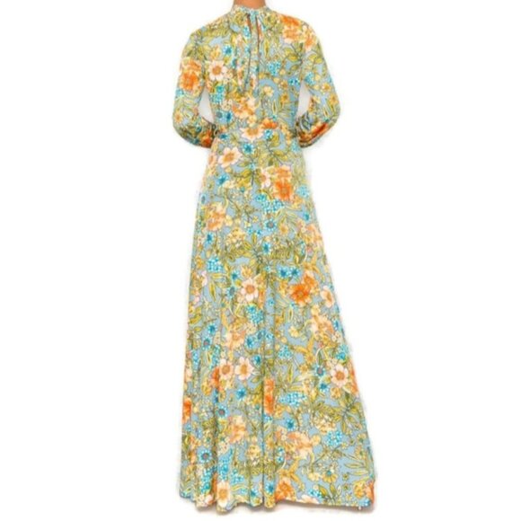 Janette Fashion Vintage Denim Blue Peach Floral Cuff Long Sleeve Maxi Dress - Picture 3 of 4